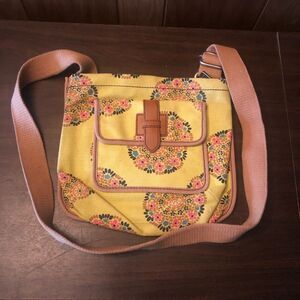 Fossil Yellow and Brown Crossbody Bag with Floral Print